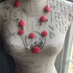 Chic Pink and Silver Beaded Necklace *abstract shapes Necklace